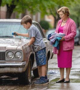 L’infermiera sociale ebbe pietà di un ragazzino che lavava le auto – e gli donò i vestiti del defunto… Ma quando lui trovò una strana nota nella tasca…