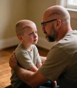 Papà, hai la stessa cicatrice! Il padre ha sostenuto il figlio di otto anni dopo un’operazione delicata e una grande cicatrice sulla testa...