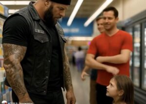 Una bambina di sei anni, muta, si gettò tra le braccia di un enorme biker dentro un Walmart, agitandosi in linguaggio dei segni mentre le lacrime le rigavano il viso — i suoi gesti disperati lasciarono tutti senza fiato.