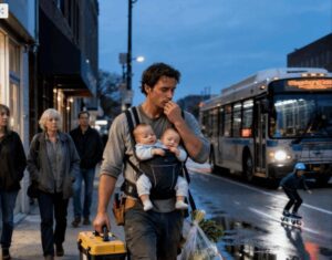 Era solo un padre stanco che tornava a casa con una cassetta degli attrezzi in una mano, la spesa nell'altra e due bambini piccoli legati con delle imbracature al petto dopo che la madre li aveva abbandonati, e poi...