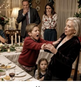 Durante la cena di Natale, mia suocera improvvisamente si scagliò contro mia figlia di cinque anni. Tutti continuarono a mangiare, facendo finta imbarazzata che nulla stesse accadendo. Stavo per consolare mia figlia quando mio figlio di otto anni alzò lentamente gli occhi dal piatto e, con voce calma e ferma, disse: — Nonna… vuoi che mostri a tutti quello che mi hai chiesto di nascondere?