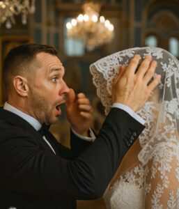 Durante la cerimonia nuziale, lo sposo sollevò lentamente il velo della sposa per baciarla, ma vide qualcosa di spaventoso sotto