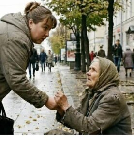 Ogni giorno lasciava qualche spicciolo alla vecchietta, ma quel giorno, quando si chinò per gettare la moneta, la donna le afferrò il polso: «Hai fatto tanto per me… oggi non tornare a casa»