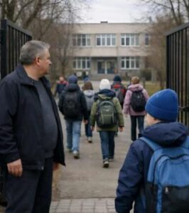 L’uomo davanti al cancello della scuola
