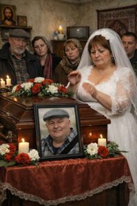 Al funerale di mio marito, mentre accanto alla bara c’erano i nostri parenti, i figli e i nipoti che piangevano il defunto, la porta si aprì all’improvviso. Nella sala entrò una donna che non avevo mai visto prima, vestita con un abito da sposa… e poi accadde qualcosa che nessuno avrebbe mai potuto immaginare