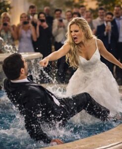 Durante un matrimonio, lo sposo ha deliberatamente gettato la sposa in una fontana, insistendo che fosse solo uno scherzo. Gli invitati hanno riso e filmato l'accaduto con i loro cellulari, e la sposa ha pianto, ma poi è successo qualcosa che ha lasciato tutti sotto shock