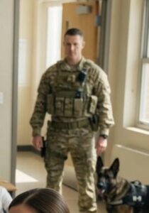 «Ripetilo davanti a mia figlia. Ad alta voce.» Un’insegnante lo aveva definito “solo un soldato”… finché lui non entrò in classe con il suo cane operativo.