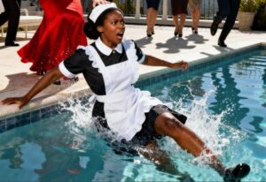 Una cameriera povera viene spinta in piscina tra le risate di tutti, mentre gli ospiti la deridono e la guardano dall’alto in basso — poi un milionario si fa avanti e compie un gesto che lascia l’intera folla senza parole…